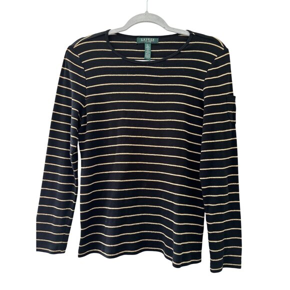 Lauren Ralph Lauren Tops - Lauren Ralph Lauren Black Metallic Gold Striped Long Sleeve Shirt PL  Women